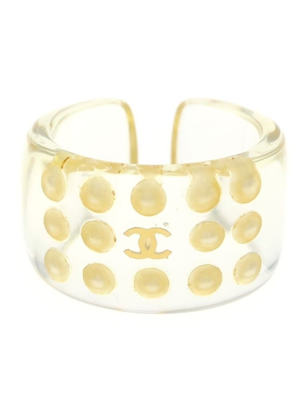 Chanel CC Logo Resin Ring Faux Pearl Plastic Gold